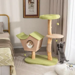 Tangkula Cat Tree, Solid Wood Cat Tower with Jute Scratching Post, Cat Condo, Perch, Jingling Ball
