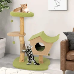 Tangkula Cat Tree, Solid Wood Cat Tower with Jute Scratching Post, Cat Condo, Perch, Jingling Ball