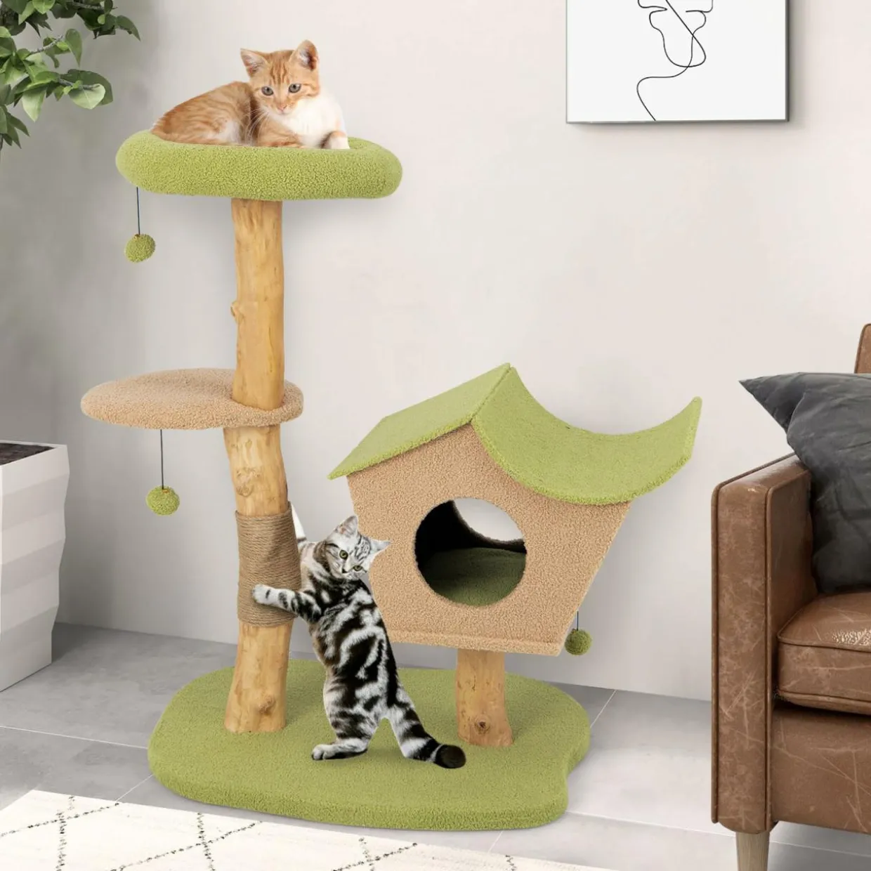 Tangkula Cat Tree, Solid Wood Cat Tower with Jute Scratching Post, Cat Condo, Perch, Jingling Ball