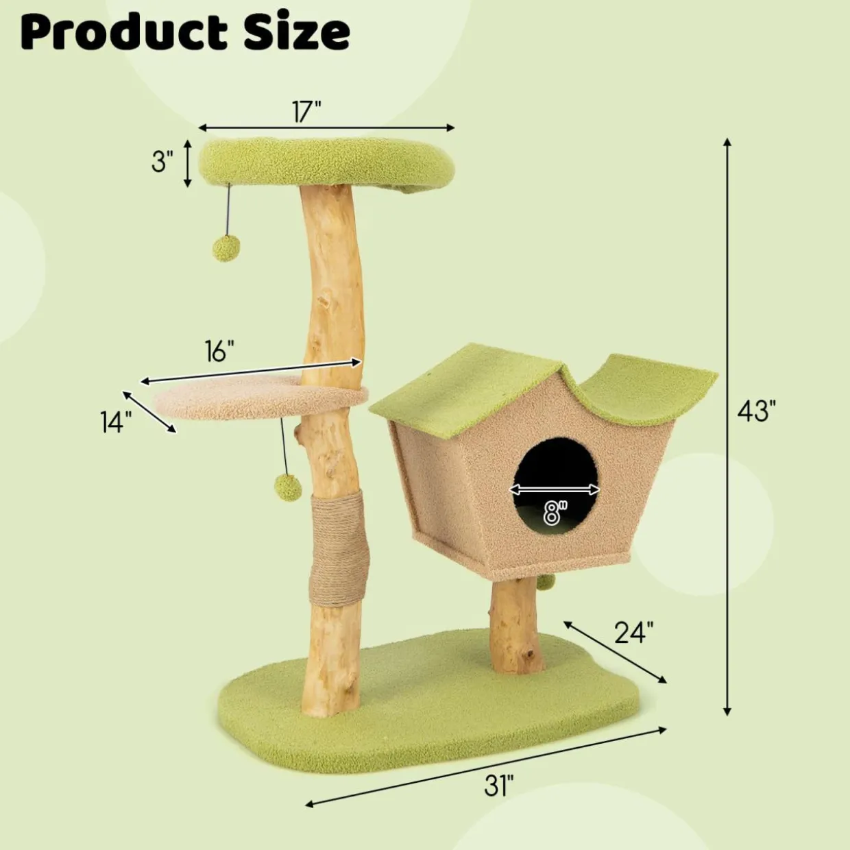 Tangkula Cat Tree, Solid Wood Cat Tower with Jute Scratching Post, Cat Condo, Perch, Jingling Ball