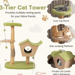 Tangkula Cat Tree, Solid Wood Cat Tower with Jute Scratching Post, Cat Condo, Perch, Jingling Ball