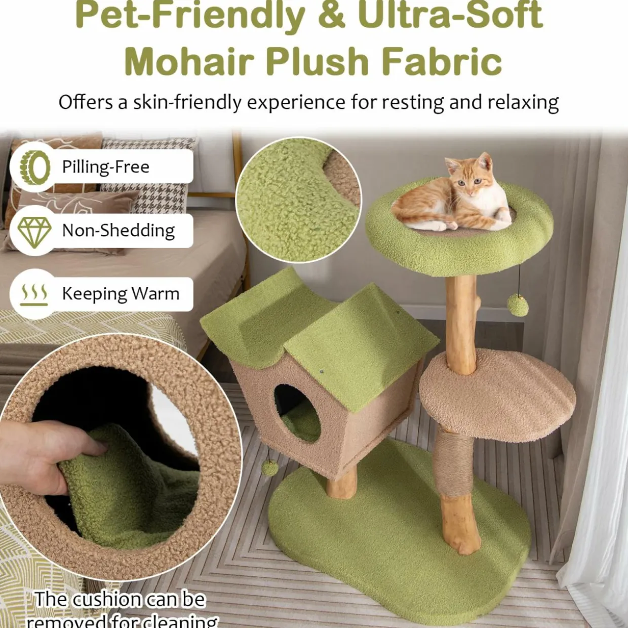 Tangkula Cat Tree, Solid Wood Cat Tower with Jute Scratching Post, Cat Condo, Perch, Jingling Ball