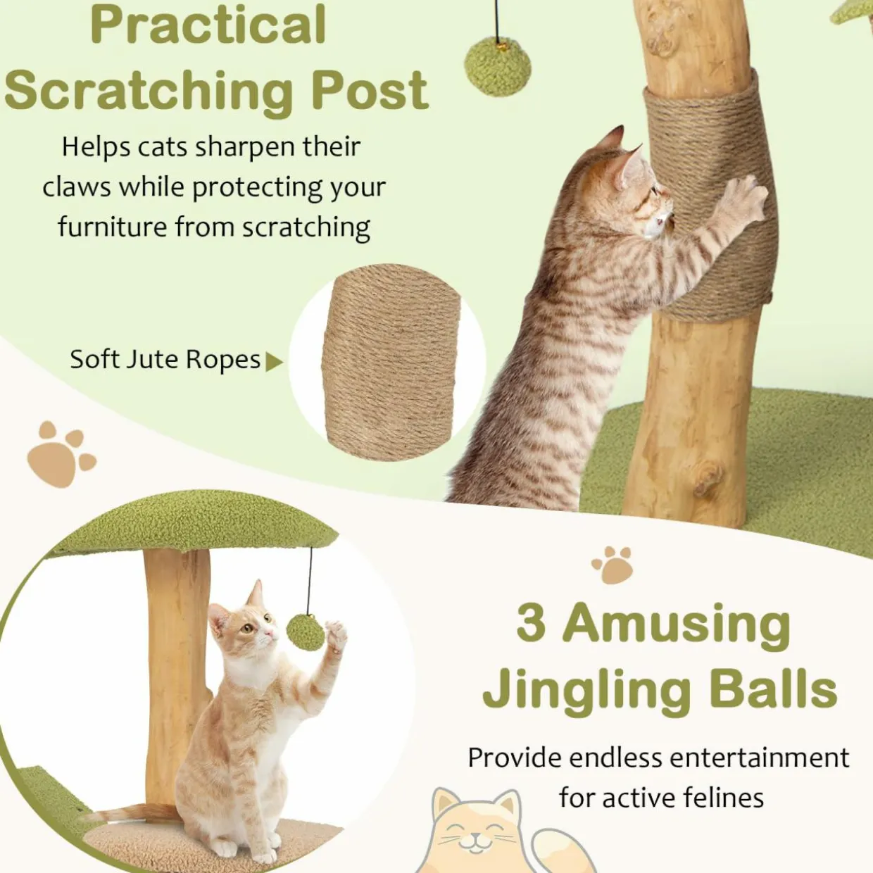 Tangkula Cat Tree, Solid Wood Cat Tower with Jute Scratching Post, Cat Condo, Perch, Jingling Ball