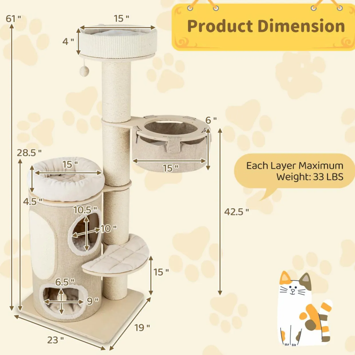 Tangkula Cat Tree Tower, 61 Inch Multi-level Tall Cat Tower with 2-Story Cat Condo, Top Perch, Sisal Scratching Posts & Carpet