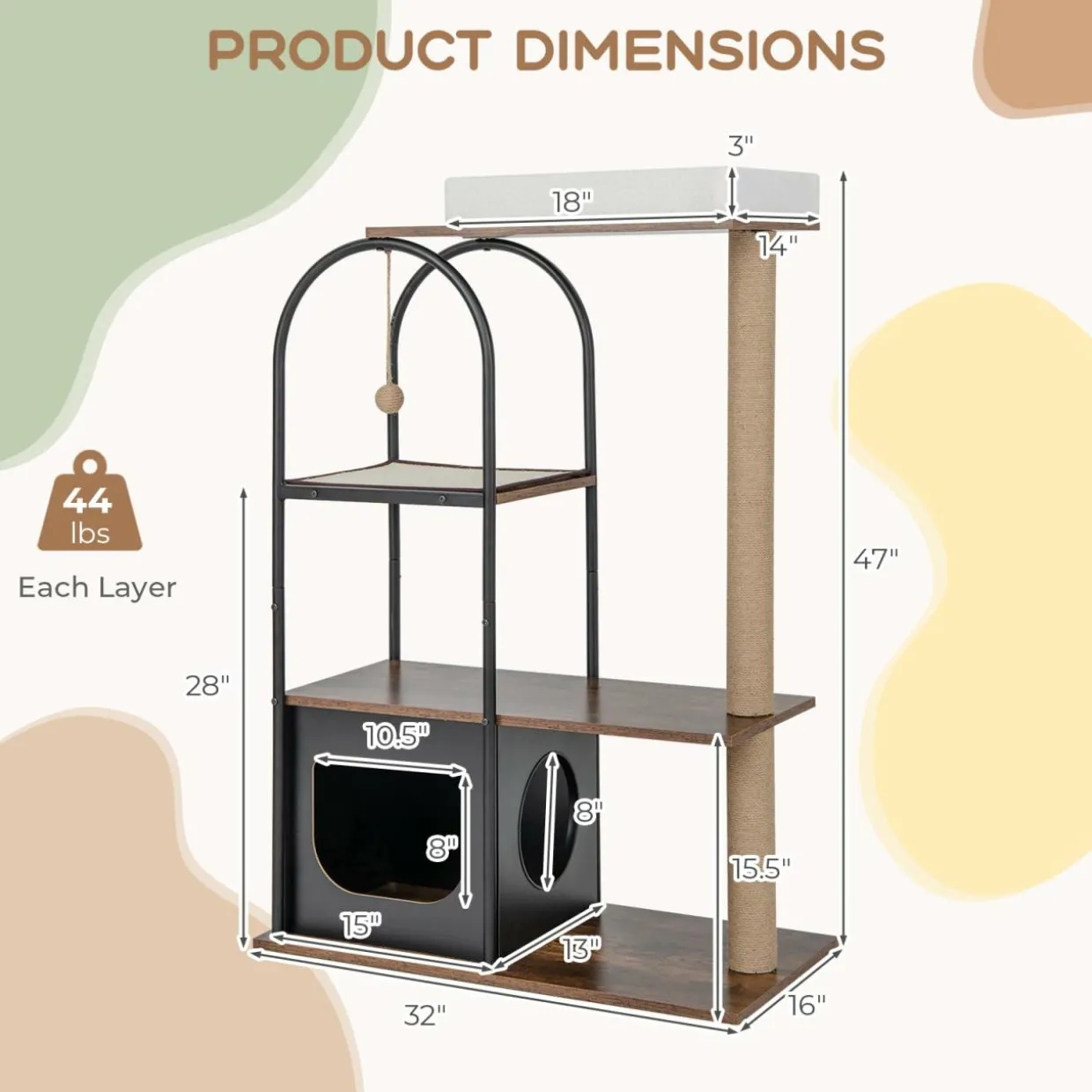 Tangkula Cat Tree Tower, 47 Inch Modern Cat Tree with Metal Frame, Top Perch Cat Bed