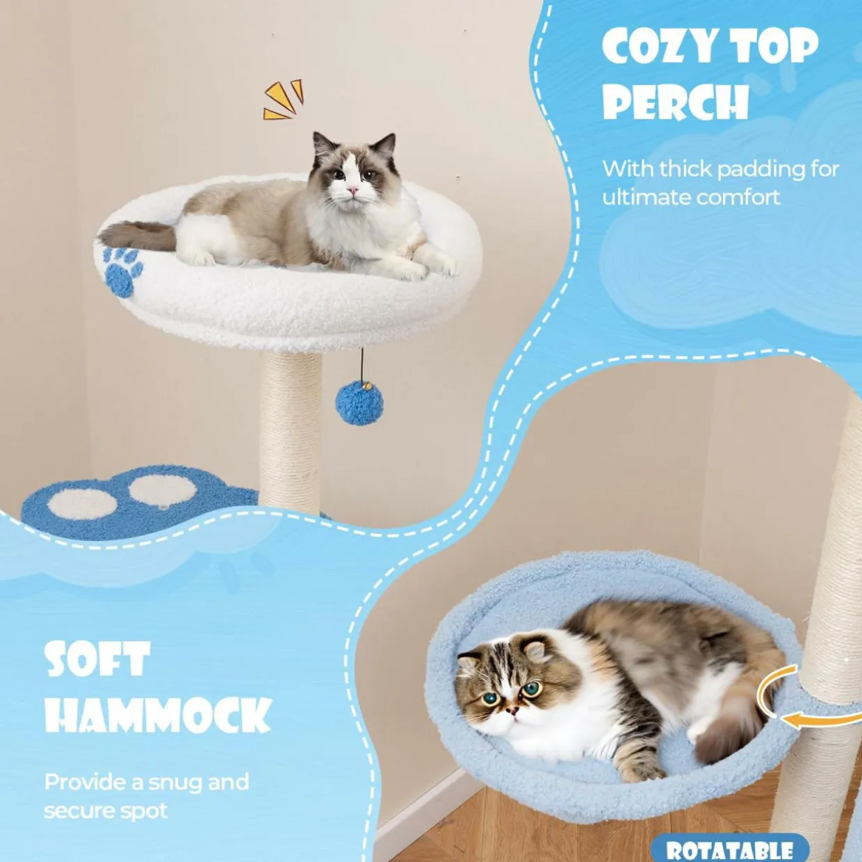 Tangkula Cat Tree Tower, 54 Inch Tall Cat Tree with Cat Condo, Hammock, Dangling Ball
