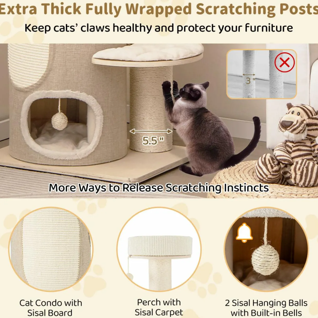 Tangkula Cat Tree Tower, 61 Inch Multi-level Tall Cat Tower with 2-Story Cat Condo, Top Perch, Sisal Scratching Posts & Carpet