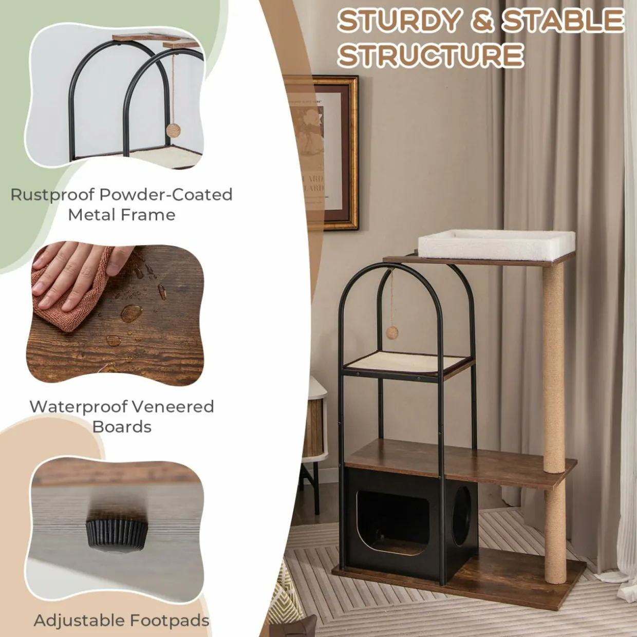 Tangkula Cat Tree Tower, 47 Inch Modern Cat Tree with Metal Frame, Top Perch Cat Bed