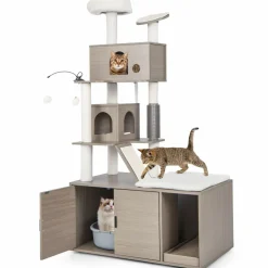 Tangkula Cat Tree with Litter Box Enclosure, Cat Tower with Litter Box, 2 Condos, Scratching Posts