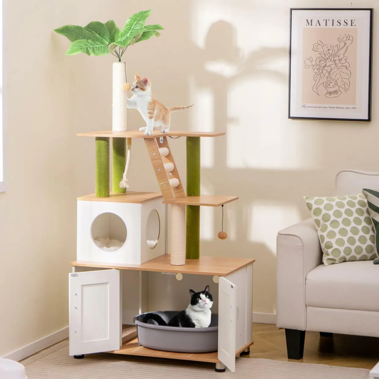 Tangkula Cat Tree with Litter Box Enclosure, 2-in-1 Cat Tower with Condo