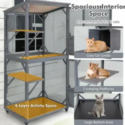 Tangkula Catio Outdoor Cat Enclosure, Wooden Cat House on Wheels, 31.5