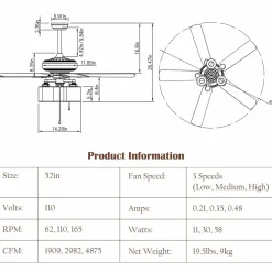 Tangkula Ceiling Fan with Lights 52 Inch, Industrial Pull Chain Ceiling Fan with Lighting