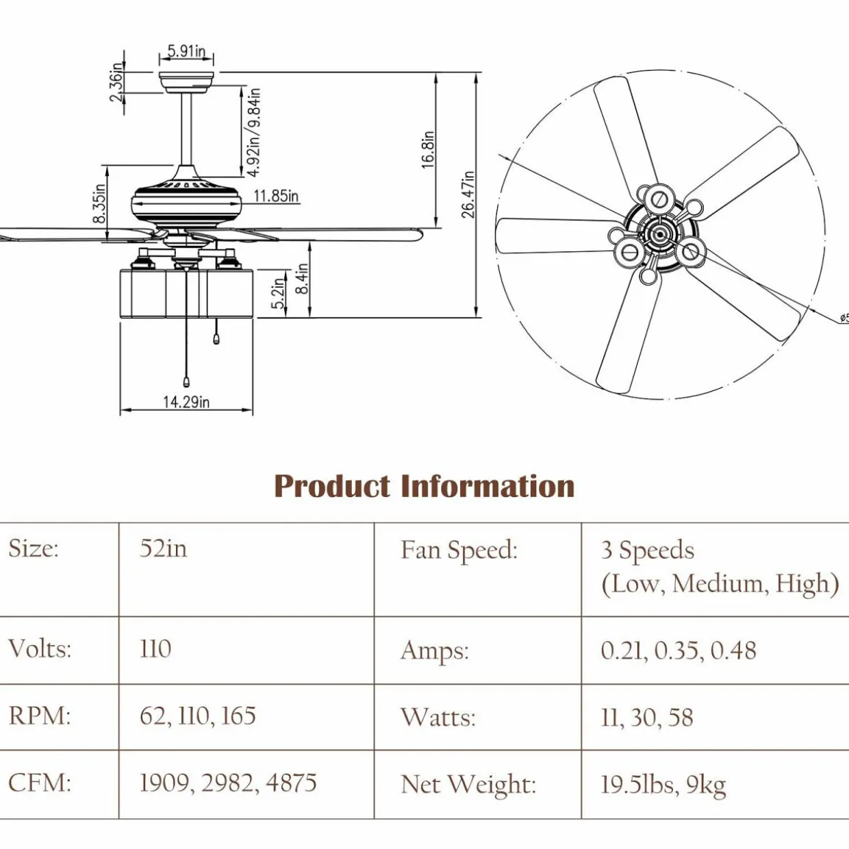 Tangkula Ceiling Fan with Lights 52 Inch, Industrial Pull Chain Ceiling Fan with Lighting