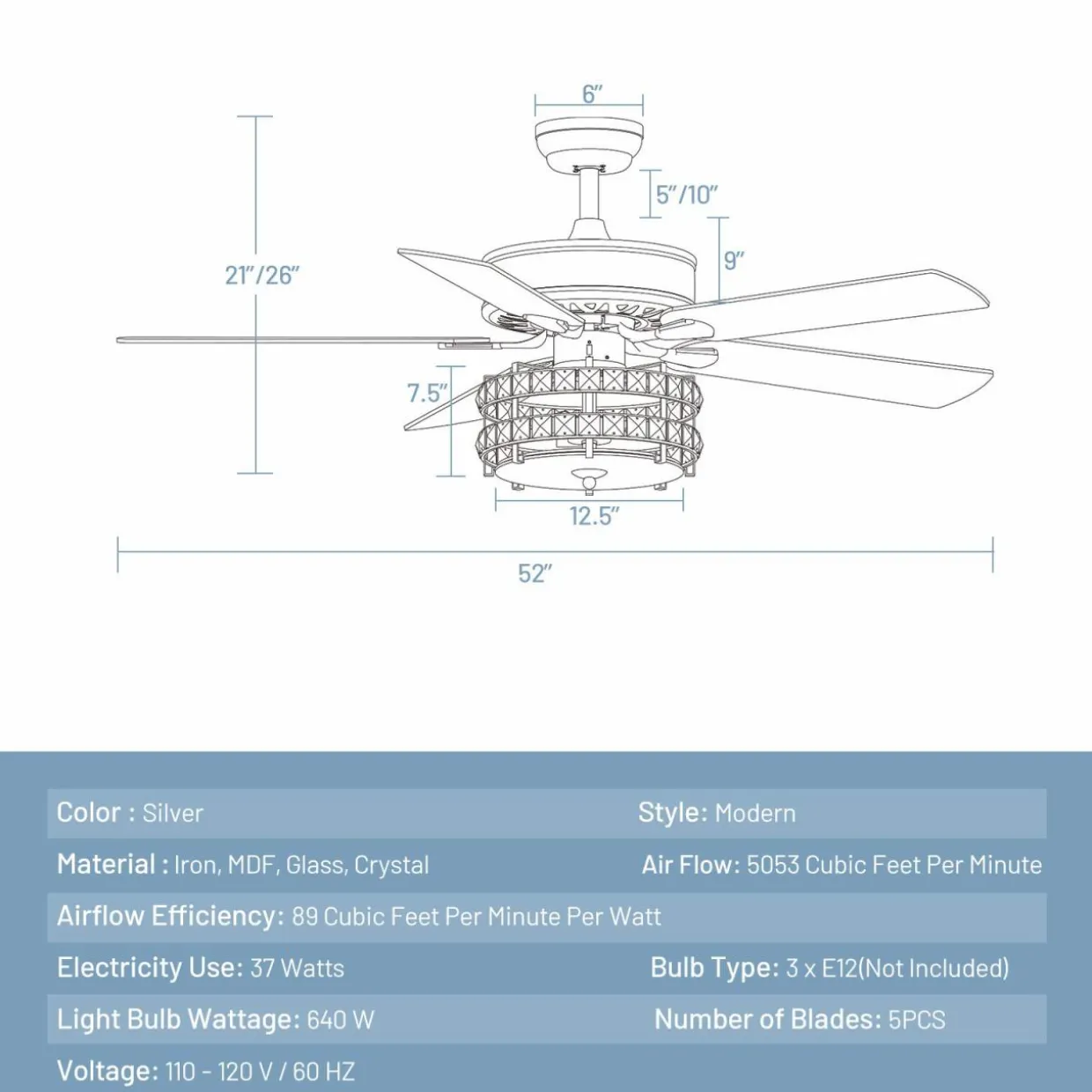 Tangkula Ceiling Fan with Crystal Light, 52 Inches Classical Ceiling Fan with Remote Control & 5 Iron Reversible Blades
