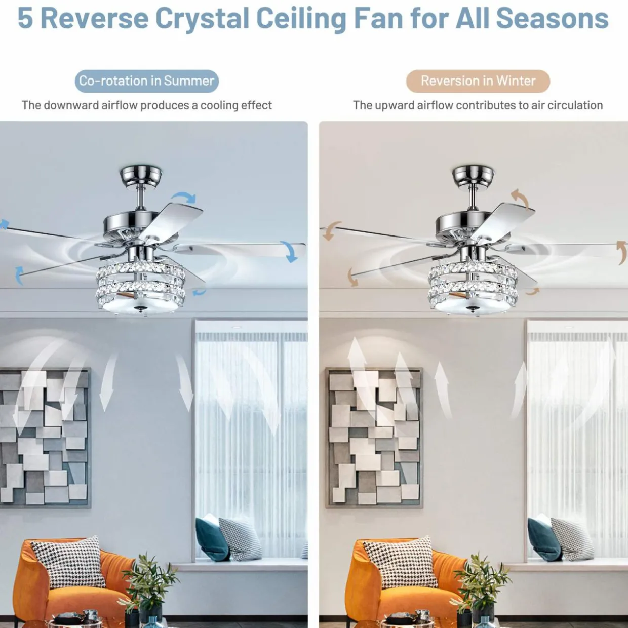 Tangkula Ceiling Fan with Crystal Light, 52 Inches Classical Ceiling Fan with Remote Control & 5 Iron Reversible Blades