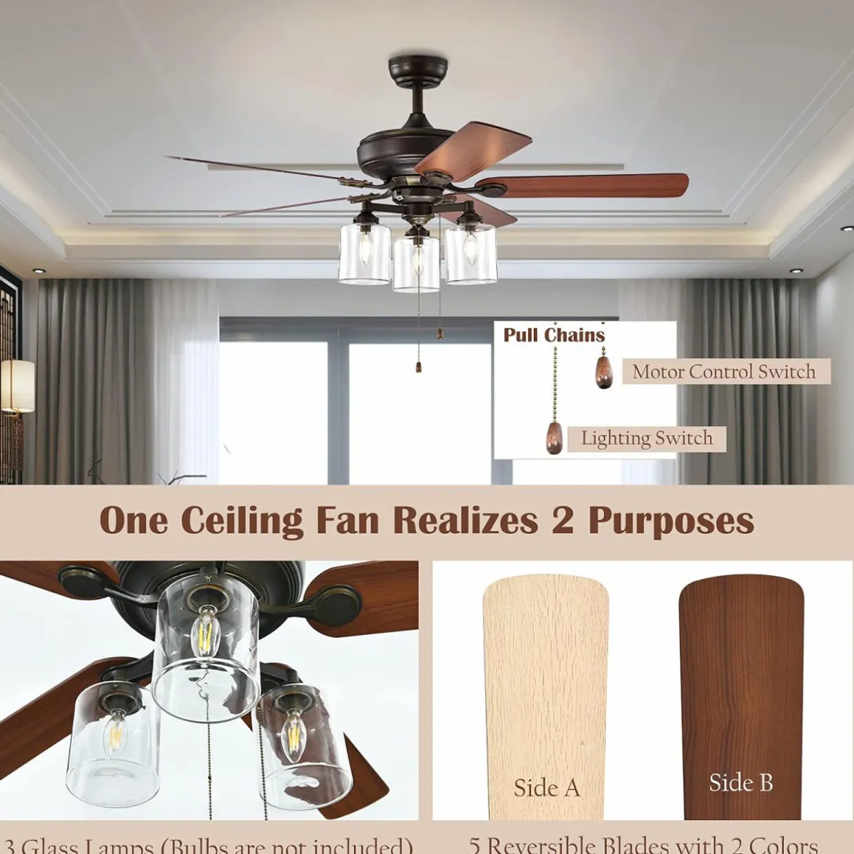 Tangkula Ceiling Fan with Lights 52 Inch, Industrial Pull Chain Ceiling Fan with Lighting