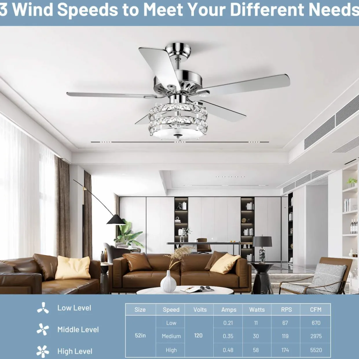 Tangkula Ceiling Fan with Crystal Light, 52 Inches Classical Ceiling Fan with Remote Control & 5 Iron Reversible Blades