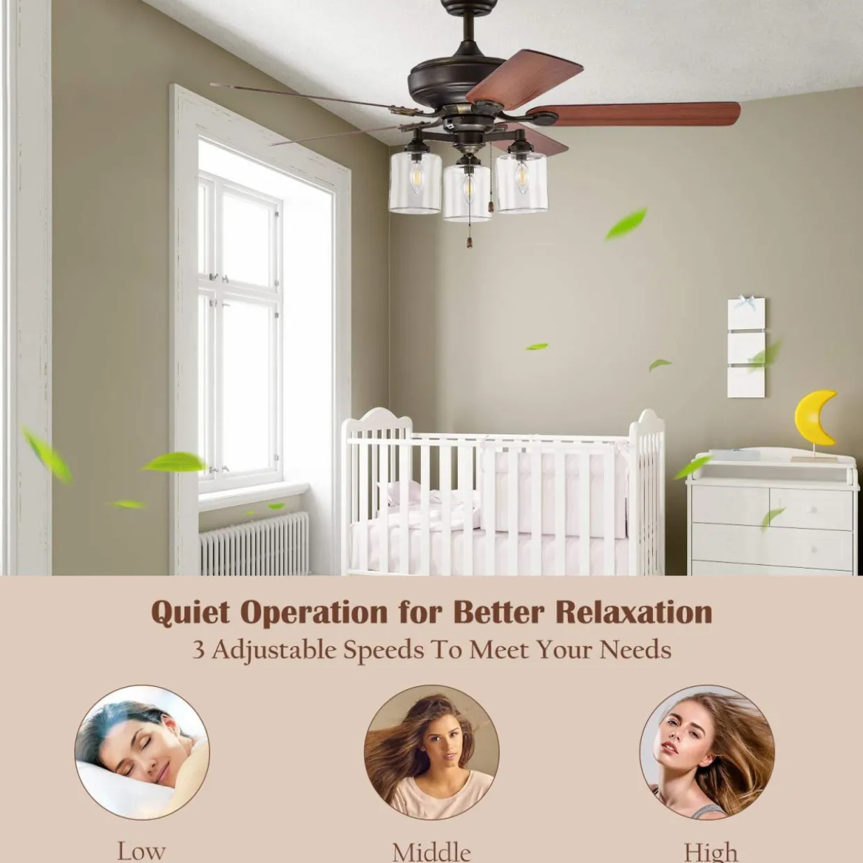 Tangkula Ceiling Fan with Lights 52 Inch, Industrial Pull Chain Ceiling Fan with Lighting