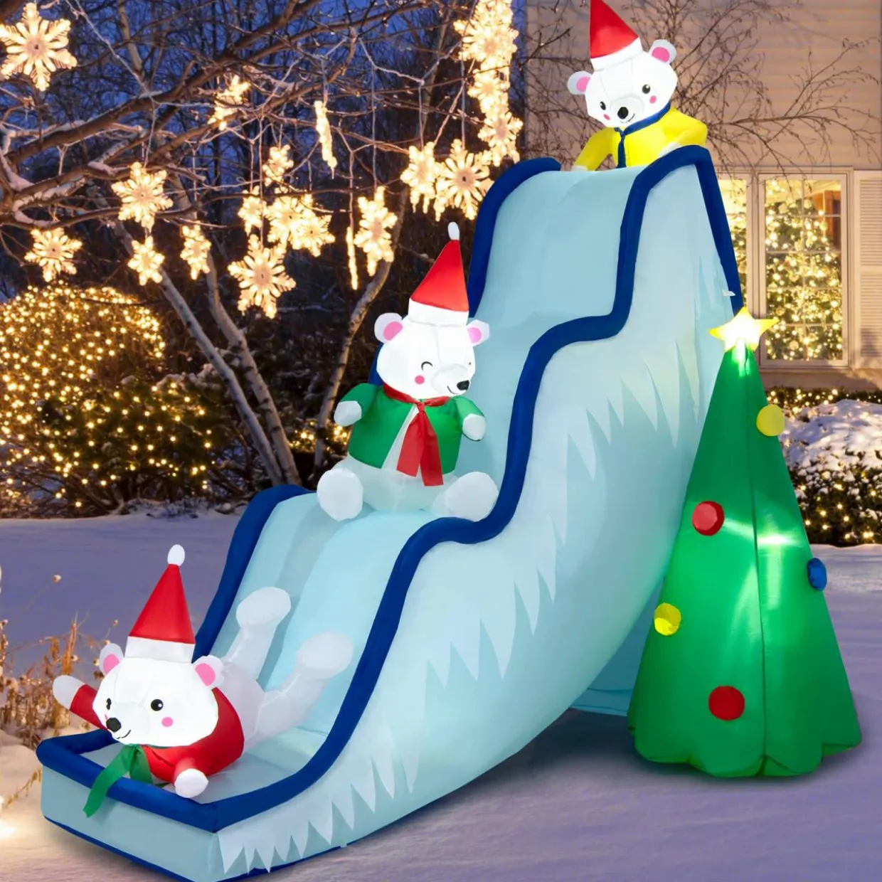 Tangkula Christmas Inflatable Polar Bear Slide Scene Decoration