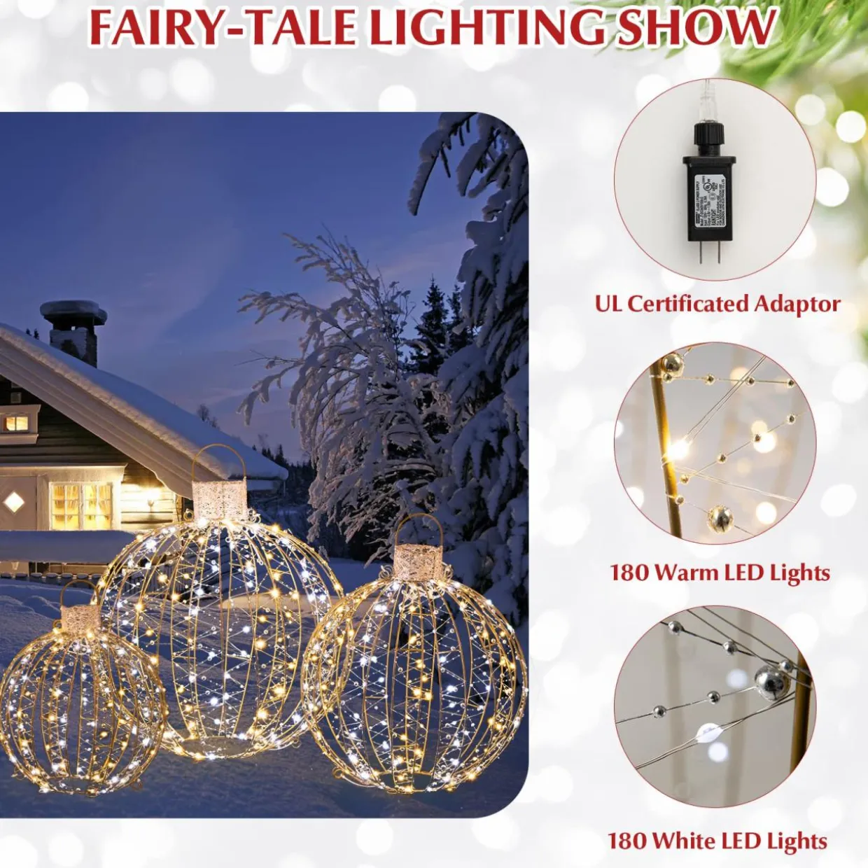Tangkula Christmas LED Light Balls for Tree (3 Pack), Lighted Sphere with 180 Warm White & 180 White LED Lights