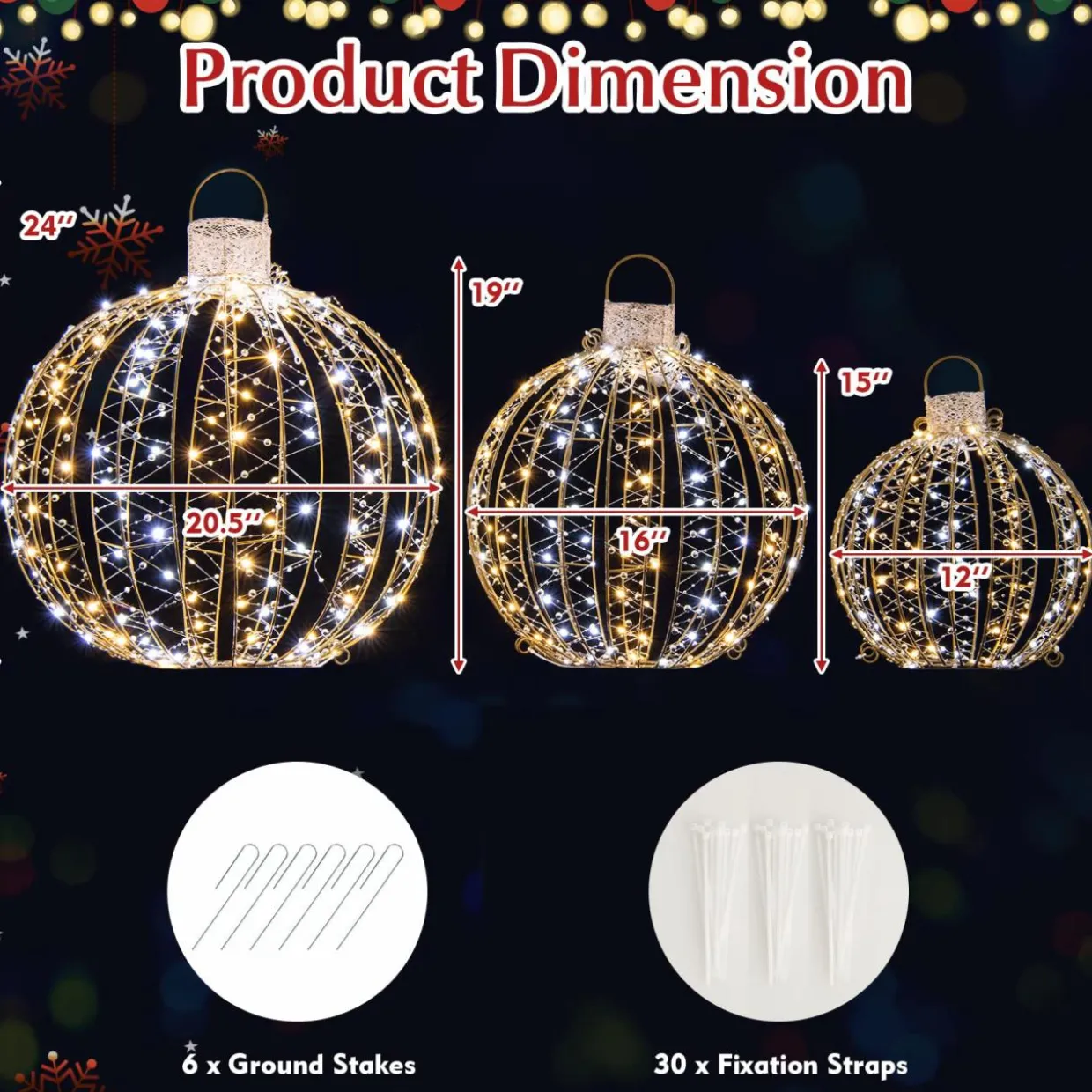 Tangkula Christmas LED Light Balls for Tree (3 Pack), Lighted Sphere with 180 Warm White & 180 White LED Lights