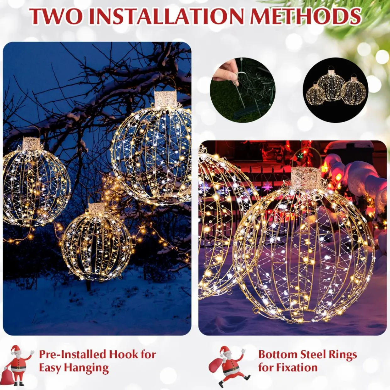 Tangkula Christmas LED Light Balls for Tree (3 Pack), Lighted Sphere with 180 Warm White & 180 White LED Lights
