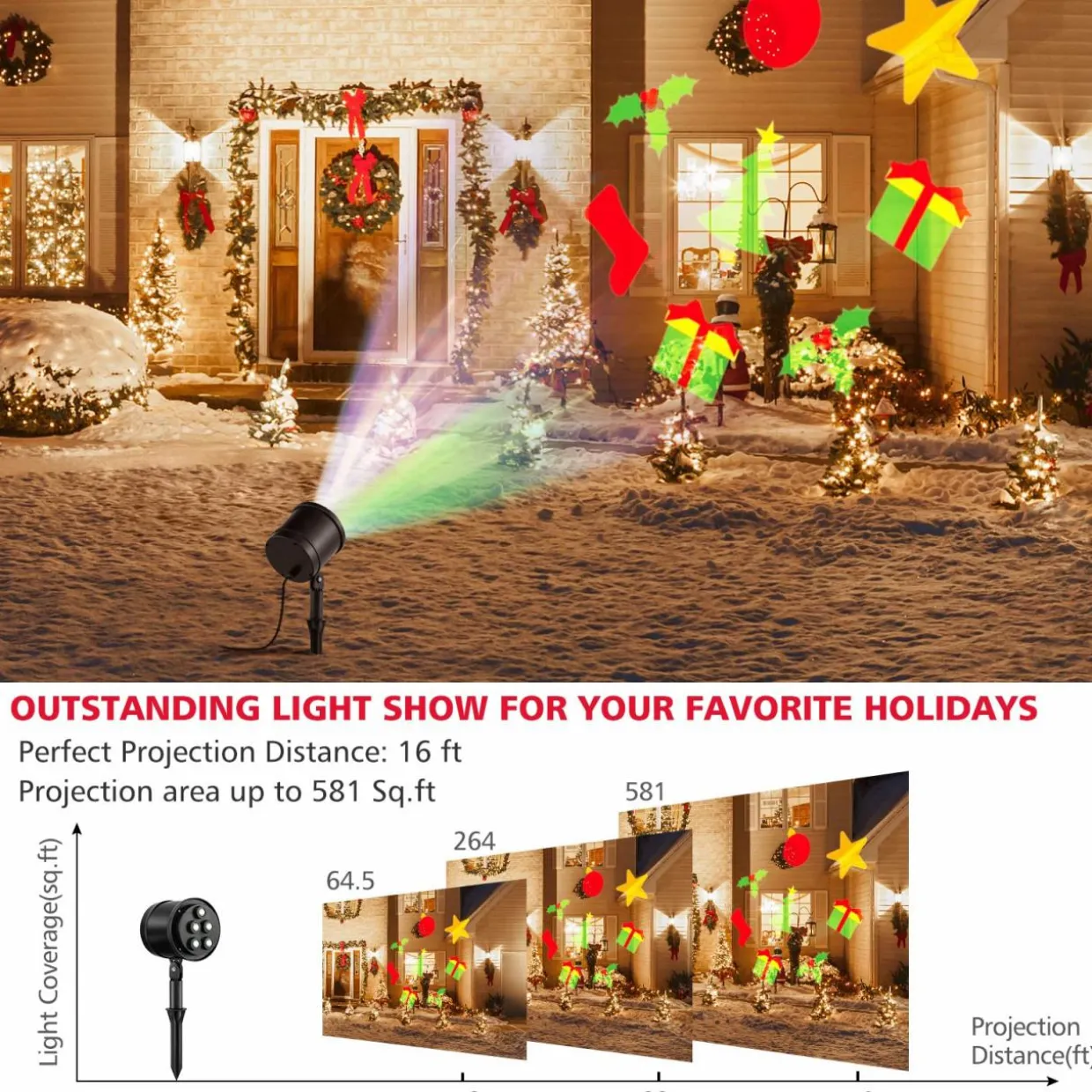 Tangkula Christmas Projector Light, Rotating LED Projection Lamp with 60-degree Adjustable Angle