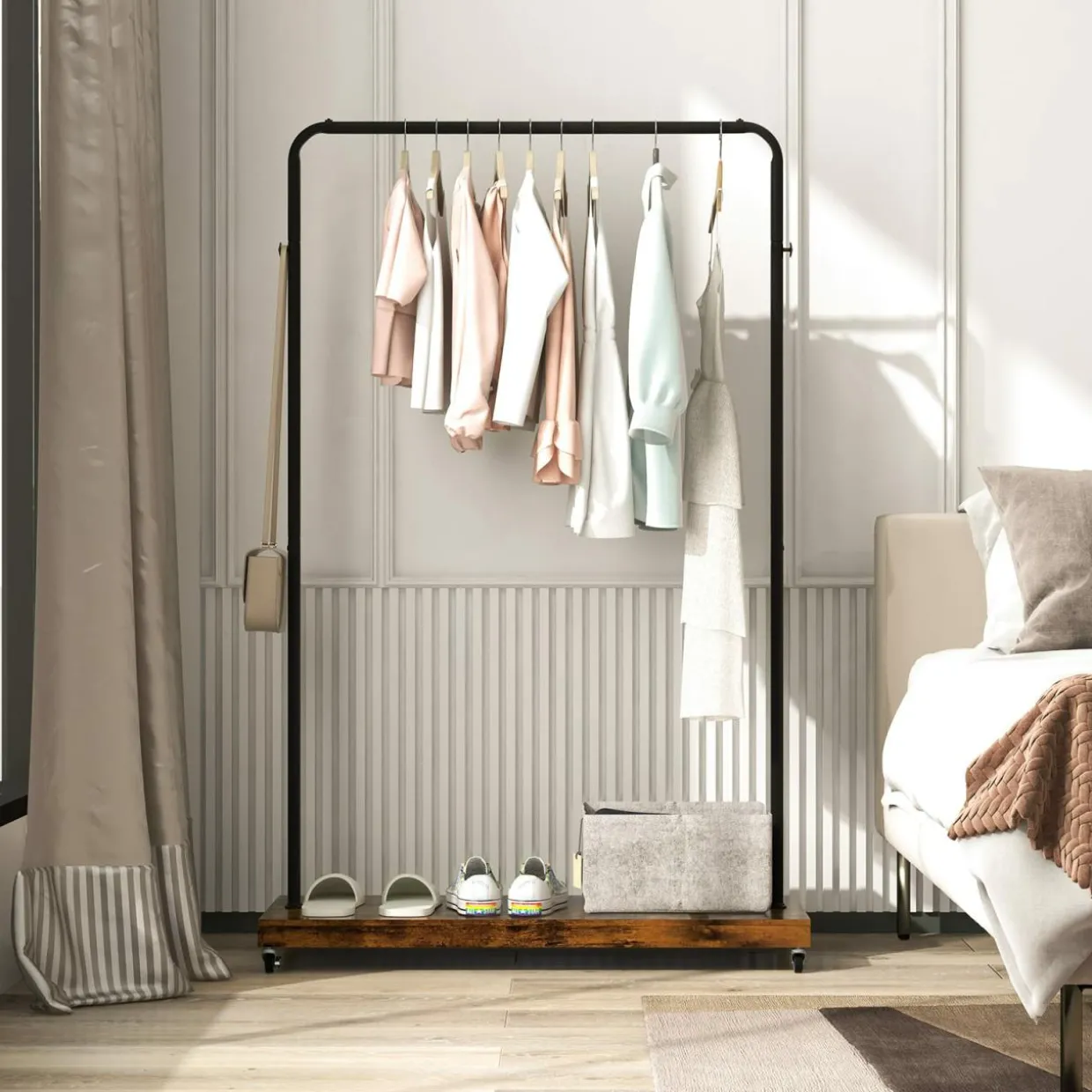Tangkula Clothes Rack on Wheels, Industrial Pipe Style Rolling Garment Rack with Bottom Storage Shelf & 5 Hanging Hooks