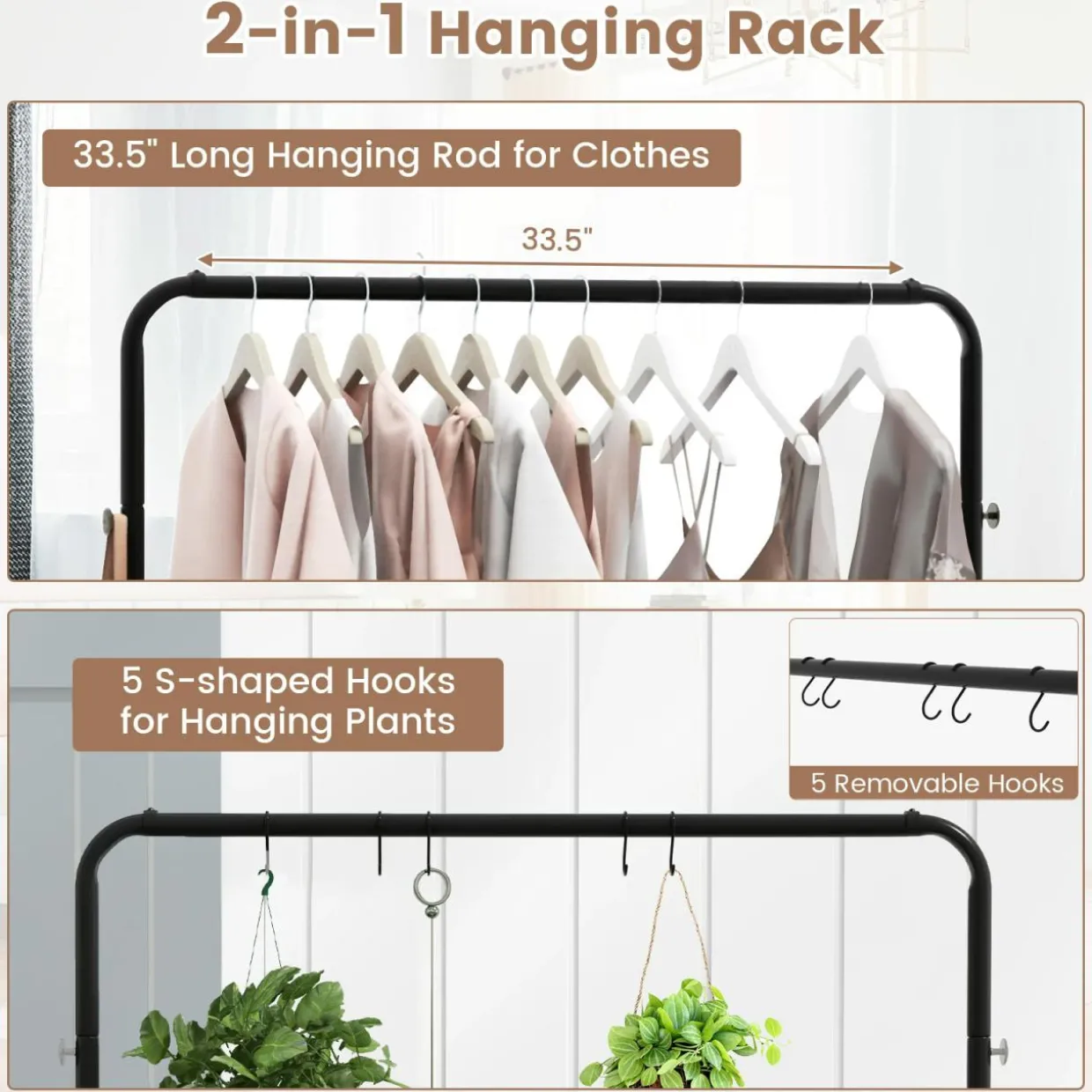 Tangkula Clothes Rack on Wheels, Industrial Pipe Style Rolling Garment Rack with Bottom Storage Shelf & 5 Hanging Hooks
