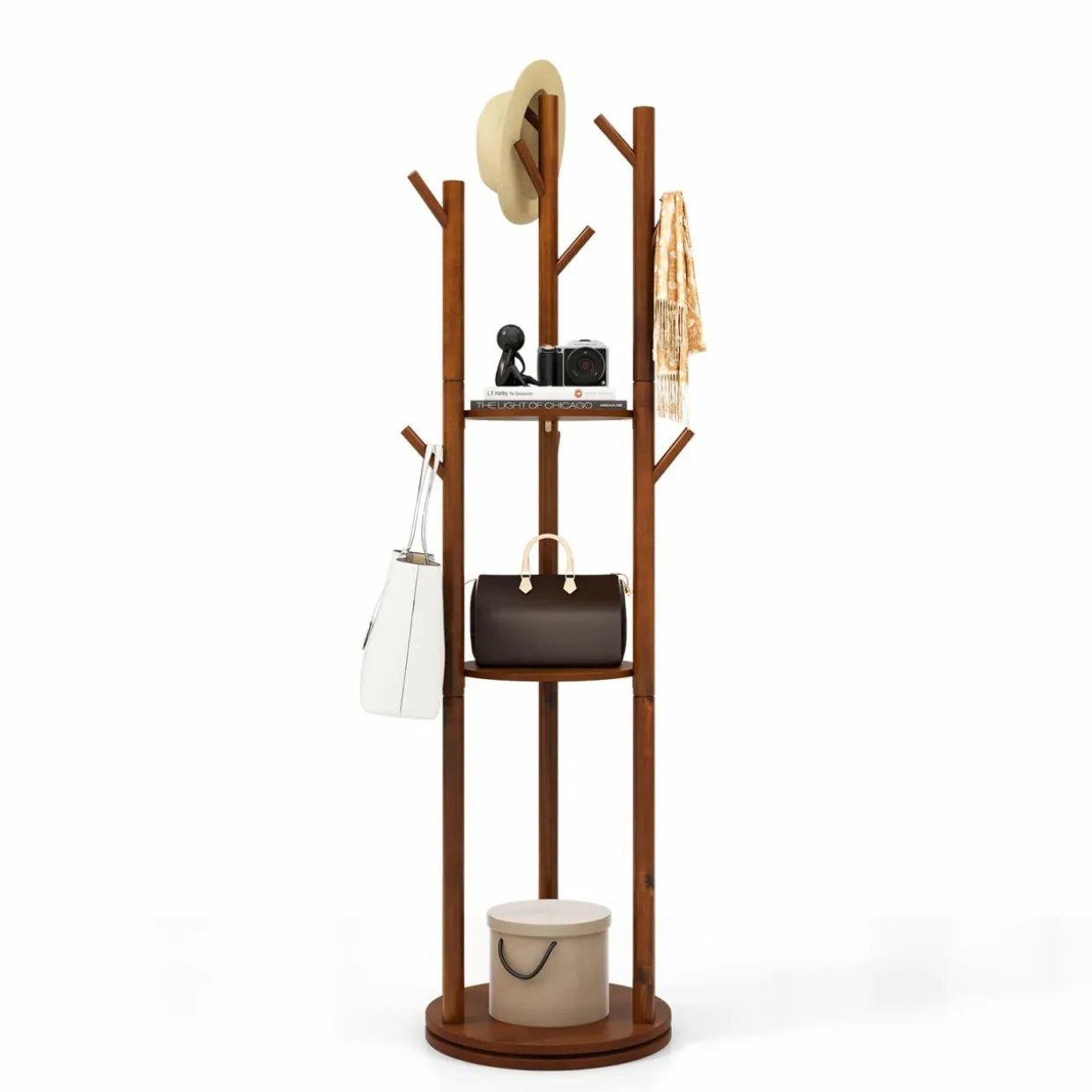 Tangkula Coat Rack Freestanding, Rotary Wooden Coat Tree with 3 Display Storage Shelves & 9 Hooks for Coats