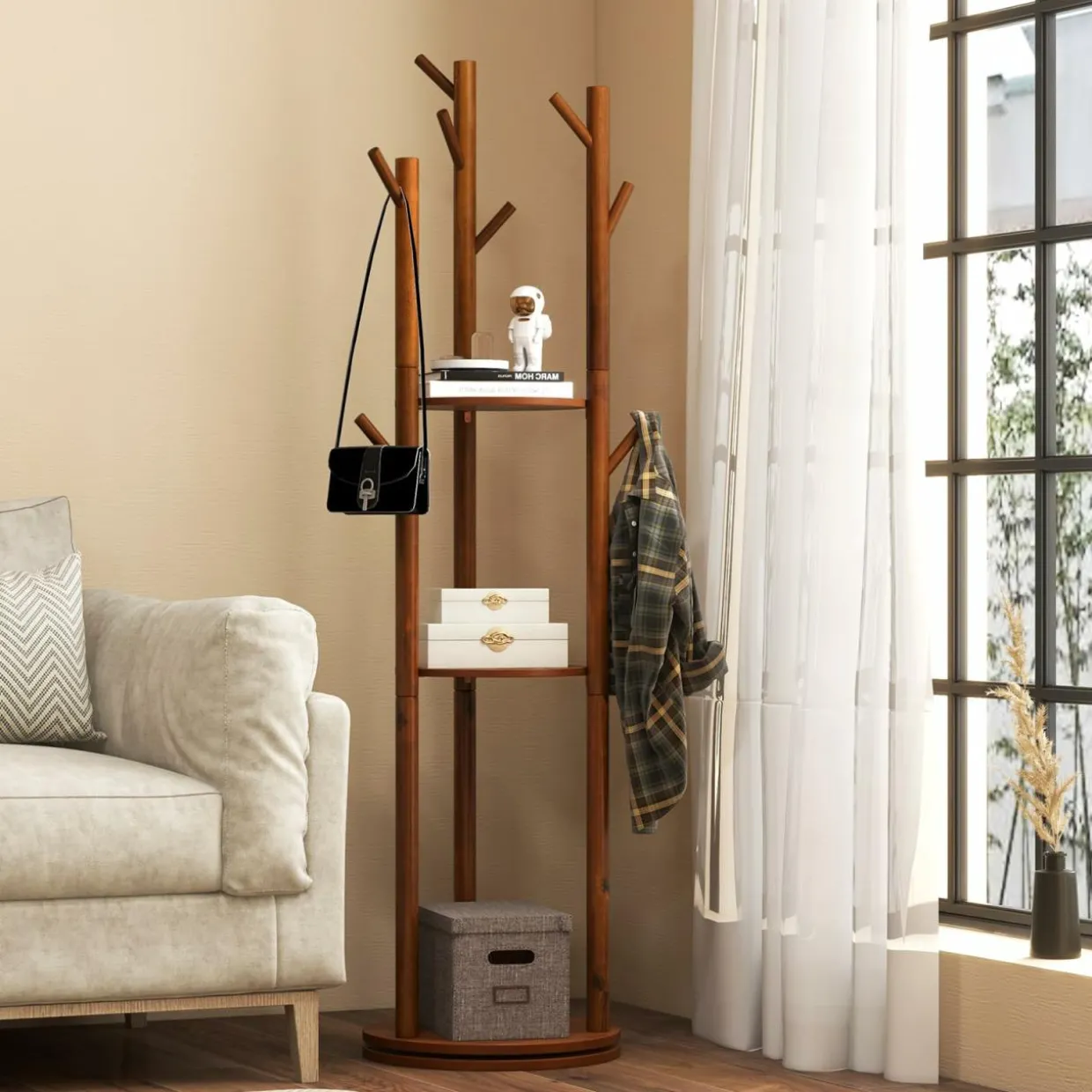 Tangkula Coat Rack Freestanding, Rotary Wooden Coat Tree with 3 Display Storage Shelves & 9 Hooks for Coats