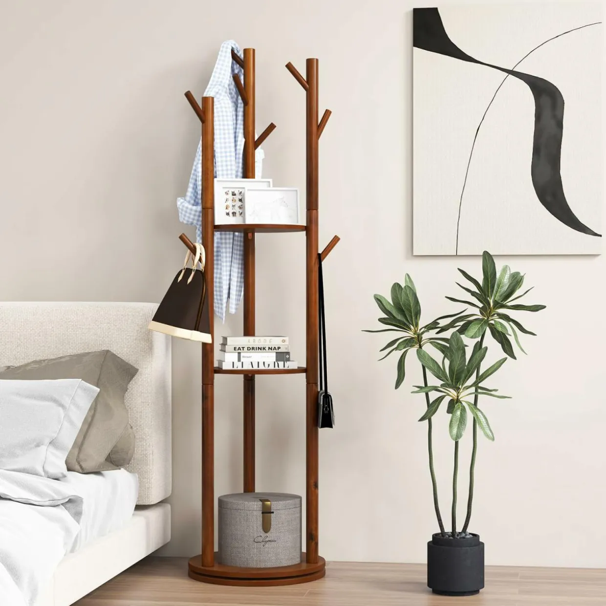 Tangkula Coat Rack Freestanding, Rotary Wooden Coat Tree with 3 Display Storage Shelves & 9 Hooks for Coats