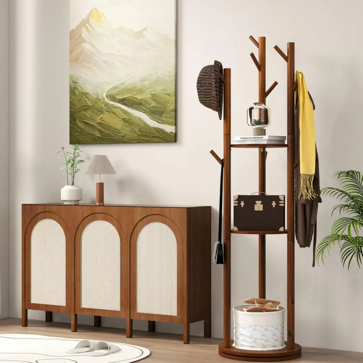 Tangkula Coat Rack Freestanding, Rotary Wooden Coat Tree with 3 Display Storage Shelves & 9 Hooks for Coats