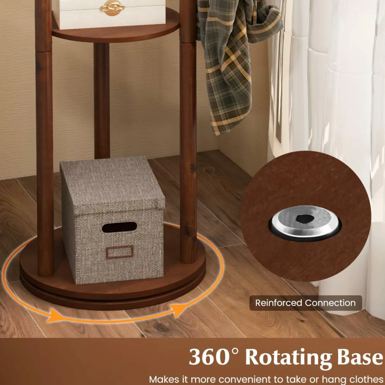 Tangkula Coat Rack Freestanding, Rotary Wooden Coat Tree with 3 Display Storage Shelves & 9 Hooks for Coats