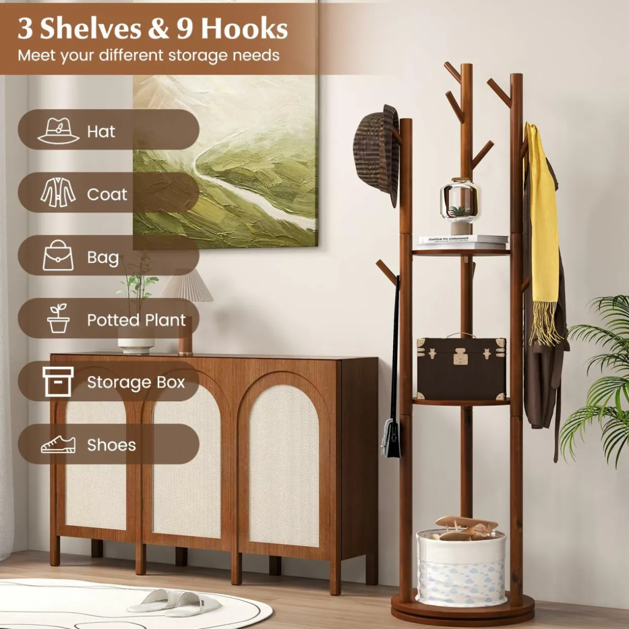 Tangkula Coat Rack Freestanding, Rotary Wooden Coat Tree with 3 Display Storage Shelves & 9 Hooks for Coats