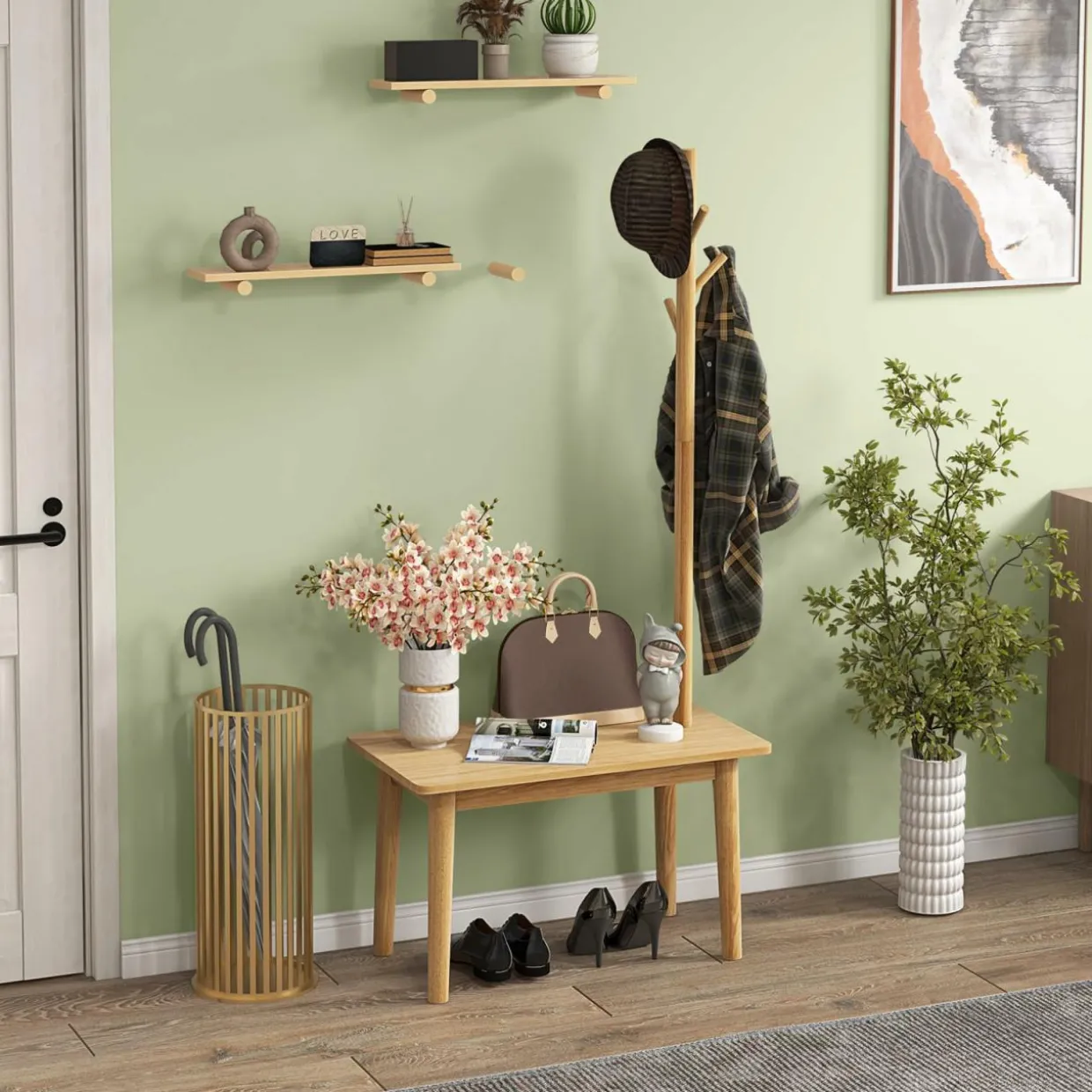 Tangkula Coat Rack with End Table, Solid Wood Coat Tree with 2-in-1 Side Table & 3 Hooks for Hats, Bags & Coats