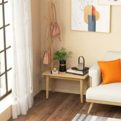 Tangkula Coat Rack with End Table, Solid Wood Coat Tree with 2-in-1 Side Table & 3 Hooks for Hats, Bags & Coats