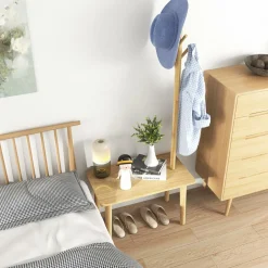 Tangkula Coat Rack with End Table, Solid Wood Coat Tree with 2-in-1 Side Table & 3 Hooks for Hats, Bags & Coats