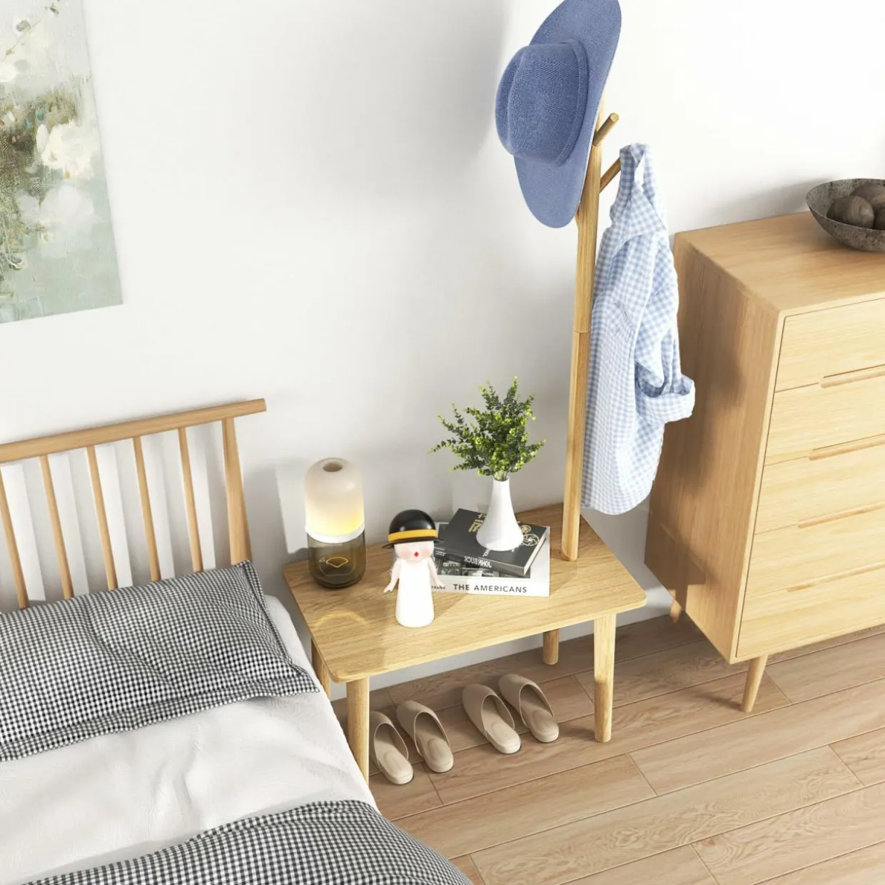 Tangkula Coat Rack with End Table, Solid Wood Coat Tree with 2-in-1 Side Table & 3 Hooks for Hats, Bags & Coats