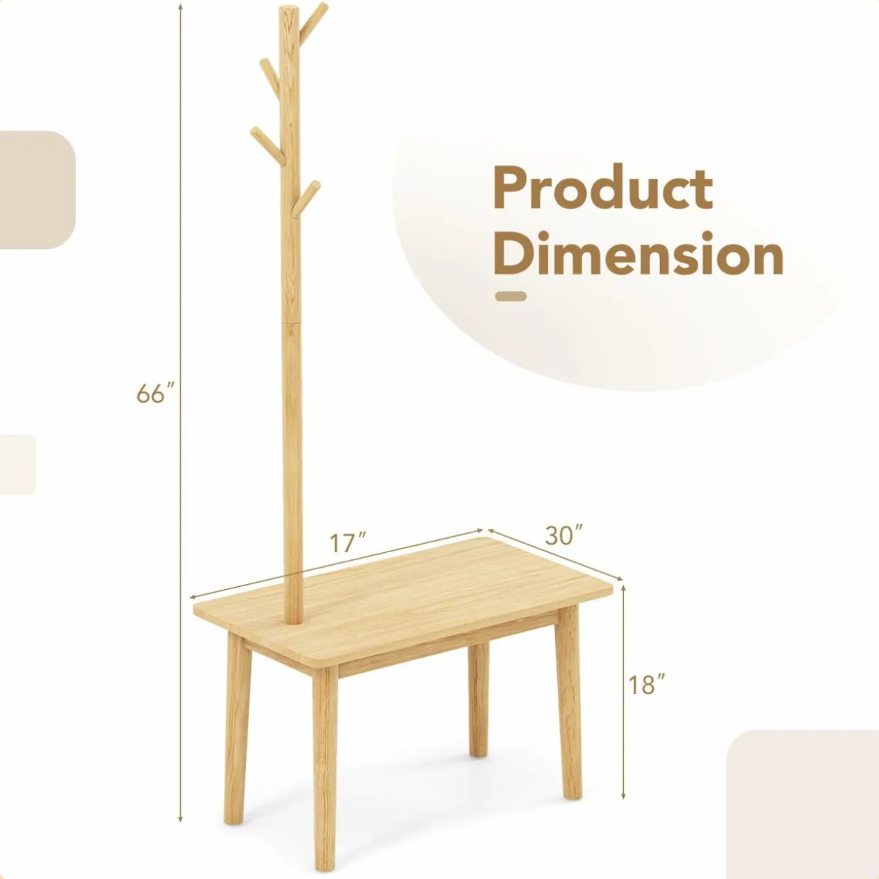 Tangkula Coat Rack with End Table, Solid Wood Coat Tree with 2-in-1 Side Table & 3 Hooks for Hats, Bags & Coats