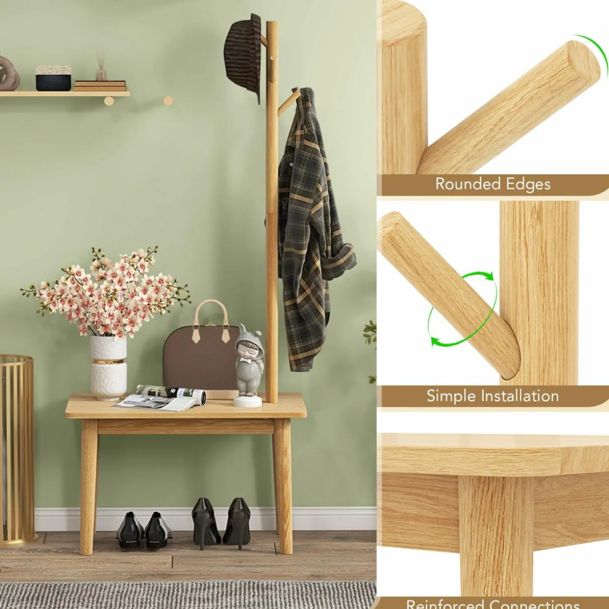 Tangkula Coat Rack with End Table, Solid Wood Coat Tree with 2-in-1 Side Table & 3 Hooks for Hats, Bags & Coats