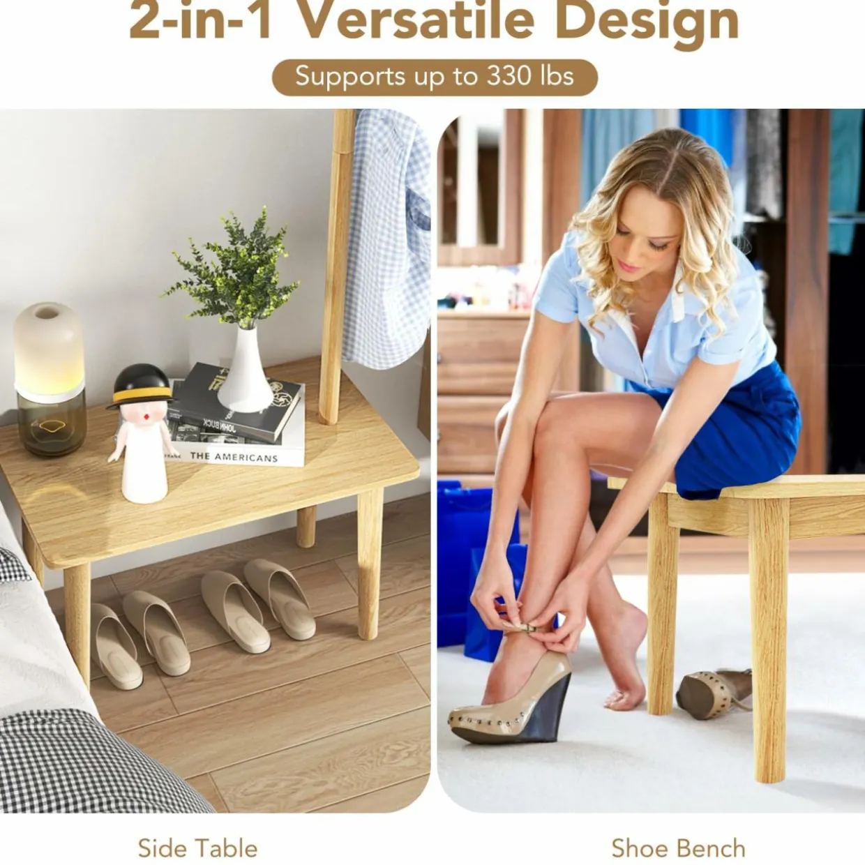 Tangkula Coat Rack with End Table, Solid Wood Coat Tree with 2-in-1 Side Table & 3 Hooks for Hats, Bags & Coats