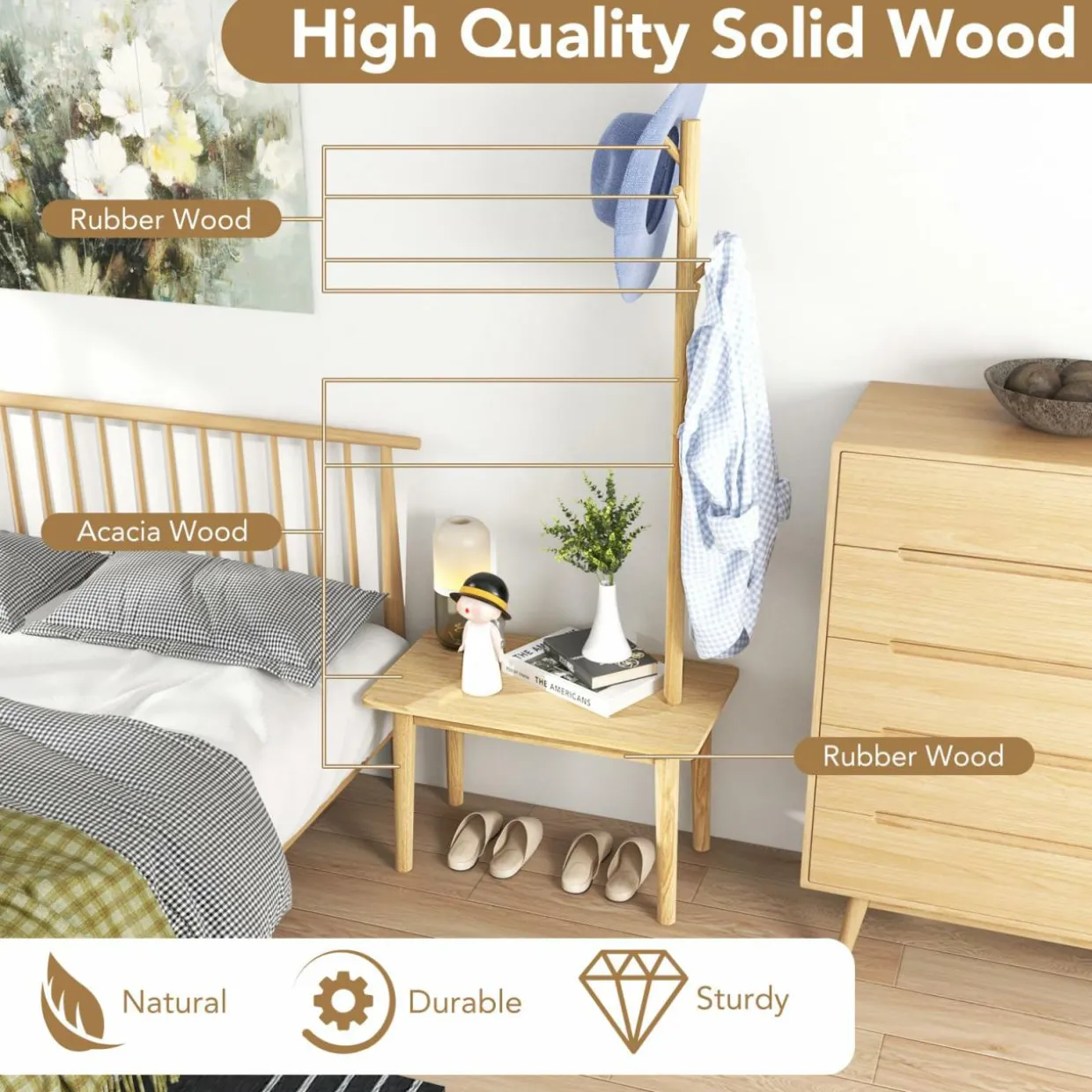 Tangkula Coat Rack with End Table, Solid Wood Coat Tree with 2-in-1 Side Table & 3 Hooks for Hats, Bags & Coats