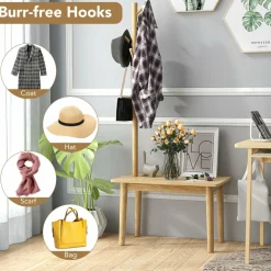 Tangkula Coat Rack with End Table, Solid Wood Coat Tree with 2-in-1 Side Table & 3 Hooks for Hats, Bags & Coats