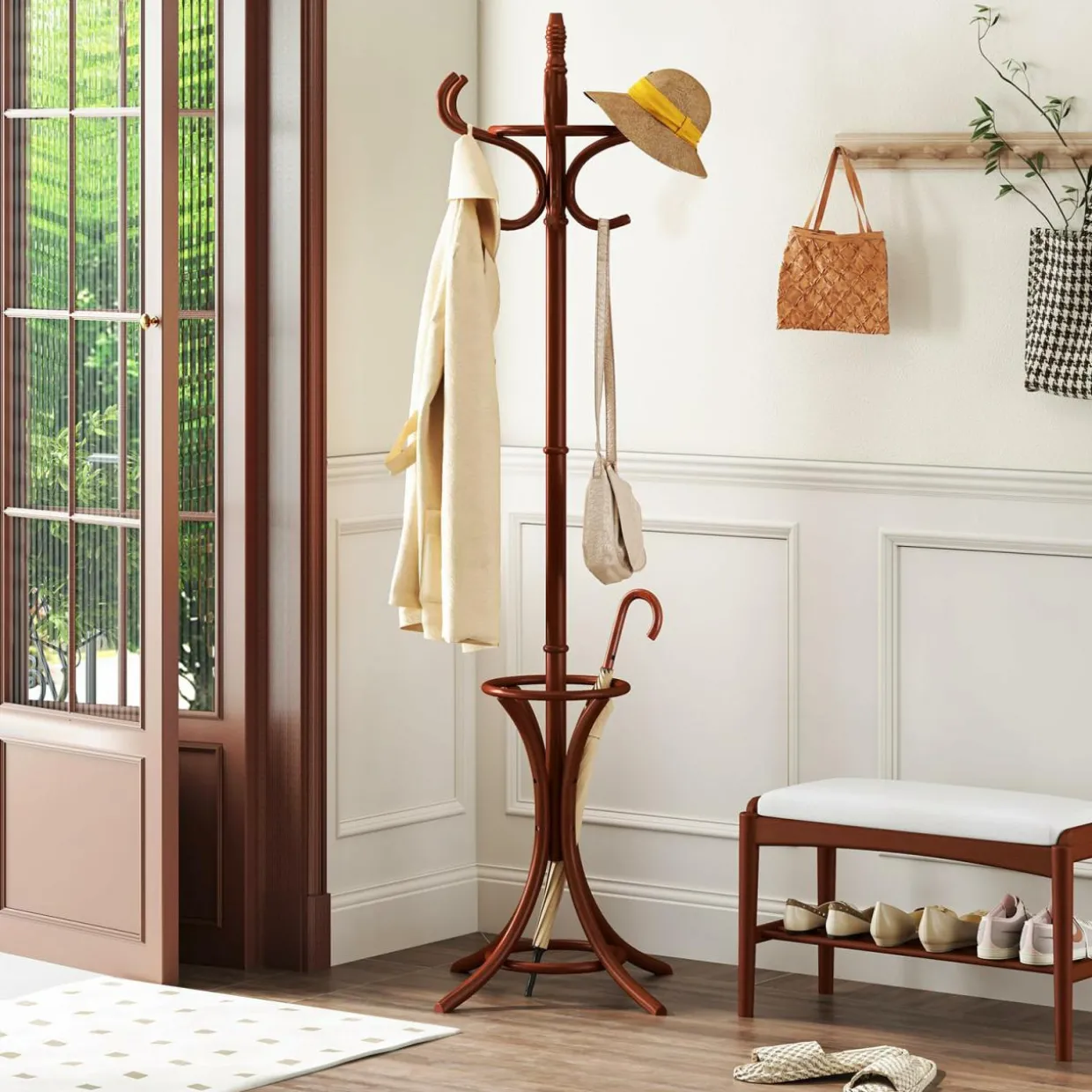 Tangkula Coat Rack with Umbrella Holder, 73 Inch Freestanding Coat Hanger Stand with 12 Hooks