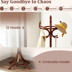 Tangkula Coat Rack with Umbrella Holder, 73 Inch Freestanding Coat Hanger Stand with 12 Hooks