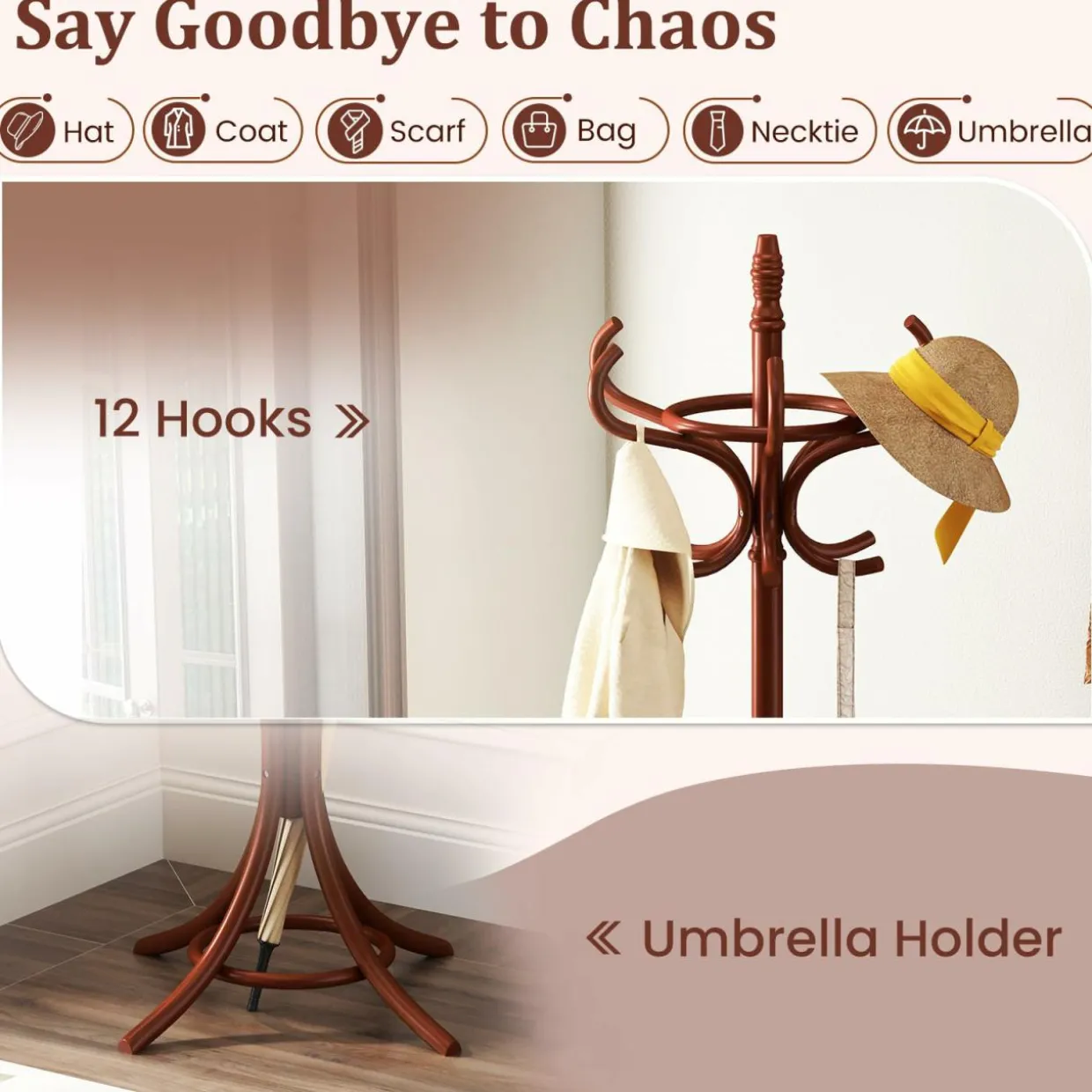 Tangkula Coat Rack with Umbrella Holder, 73 Inch Freestanding Coat Hanger Stand with 12 Hooks