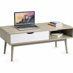 Tangkula Coffee Table, Mid-Century Modern Cocktail Table with Drawer & Open Storage Shelf & Solid Wood Legs