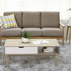 Tangkula Coffee Table, Mid-Century Modern Cocktail Table with Drawer & Open Storage Shelf & Solid Wood Legs