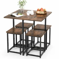 Tangkula Compact 5-Piece Dining Table Set for 4, Small Kitchen Table Set with Square Stools and Metal Frame